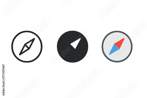 Compass Icons Trio. Minimalist compass direction icon: three identical compass icons in a row, first in line style with thin