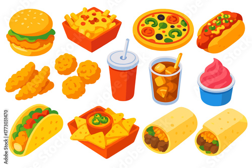 Colorful Fast Food Icons. Isometric vector illustration set Fast Food Items: fish burger, loaded fries, veggie pizza, chili cheese