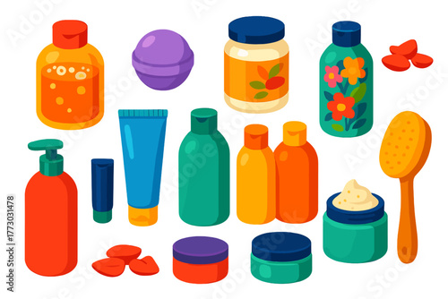 Bright Bath Essentials. Isometric vector illustration set Wellness, Relaxation, and Beauty Essentials: bubble bath bottle, bath