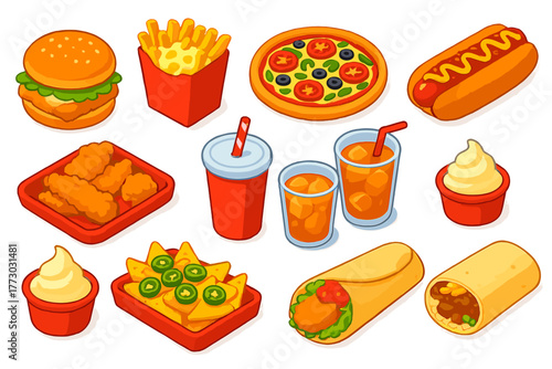 Colorful Fast Food Icons. Isometric vector illustration set Fast Food Items: fish burger, loaded fries, veggie pizza, chili cheese