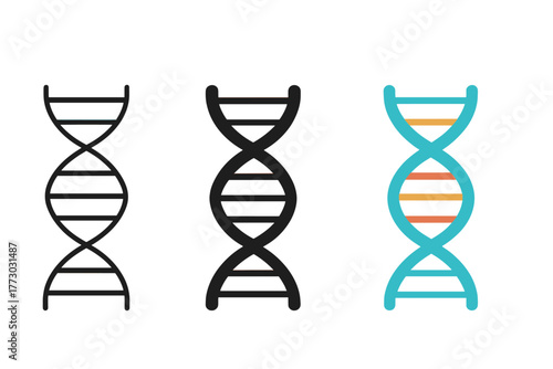 Minimalist DNA Icons. Minimalist DNA icon: three identical double helix DNA strands in a row, first in line style with thin