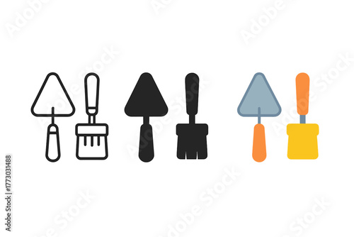Excavation Tool Icons. Minimalist excavation tool icon: three identical trowel and brush icons in a row, first in line style with