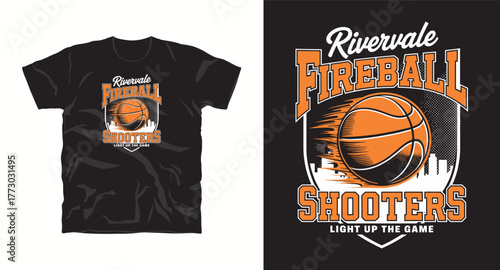Rivervale Fireball Basketball Team Shooters Logo Design Sport Graphics Apparel Emblem Vector Illustration Typography Badge Graphic T-Shirt Print City
