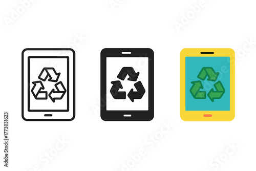 Electronics Recycling Icons. Minimalist electronics recycling icon: three identical electronic device with recycling symbol icons