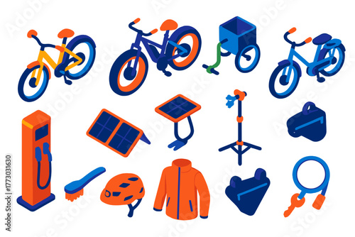 Electric Bike Icons. Isometric vector illustration set electric bicycle: step-through hybrid e-bike, electric mountain fat bike,