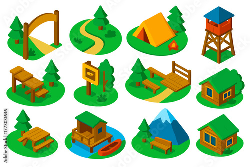 National Park Icons Set. Isometric vector illustration set National Park Tourism: park entrance gate, hiking trail, camping tent,