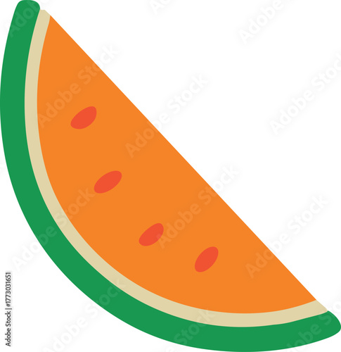    Flat  illustration of an orange watermelon slice with green rind and red seeds, symbolizing tropical freshness and summer fruit in a clean modern minimal style.