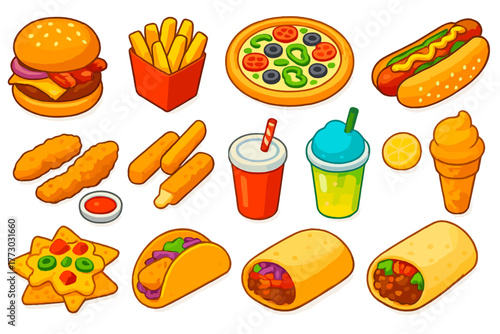 Vibrant Fast Food Icons. Isometric vector illustration set Fast Food Items: BBQ burger, steak fries, veggie supreme pizza, Chicago