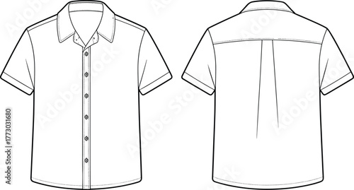 Short sleeve button up shirt technical flat front and back sketch, fashion apparel template outline, classic collar clothing design mockup