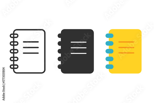 Minimalist Notebook Icons. Minimalist notebook icon: three identical spiral notebooks with visible cover lines in a row, first in