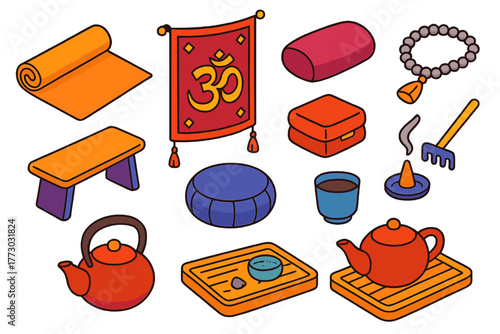 Yoga Essentials Icons. Isometric vector illustration set Yoga and Mindfulness Essentials: suede yoga mat, OM tapestry, bolster