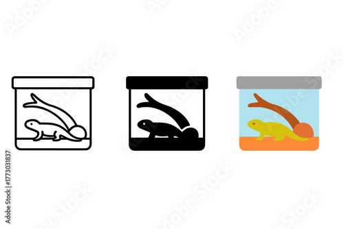 Reptile Habitat Icons. Minimalist reptile habitat icon: three identical miniature terrarium setups in a row, first in line style