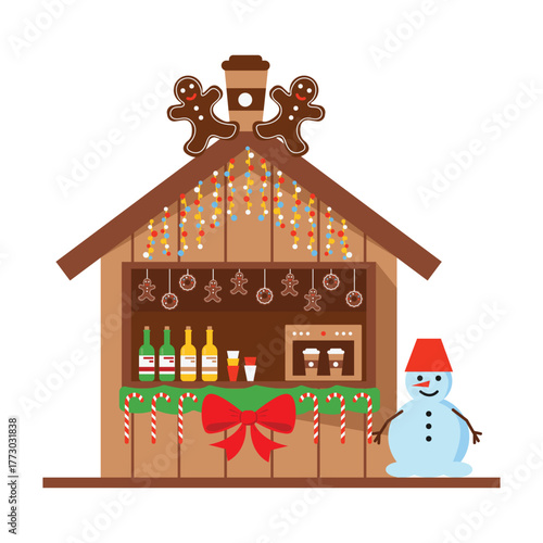 Charming wooden christmas market stall decorated with gingerbread men lights and festive treats with a friendly snowman nearby