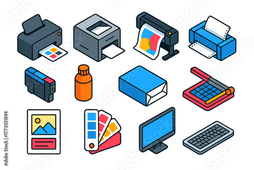 Colorful Printing Technology Icons. Isometric vector illustration set 2D printing, design, and technology: desktop inkjet printer,