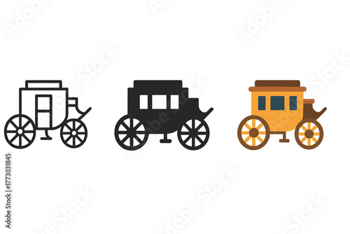 Minimalist Stagecoach Icons. Minimalist stagecoach icon: three identical stagecoach icons in a row, first in line style with thin