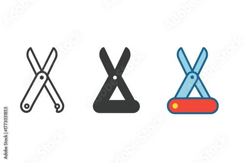 Minimalist Multitool Trio. Minimalist emergency tool icon: three identical multitools in a row, first in line style with thin