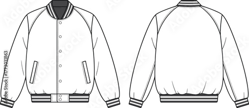 Varsity bomber jacket technical flat front and back illustration, apparel template outline, rib collar cuffs waistband fashion clothing design sketch