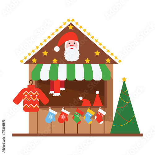 Charming christmas market stall decorated with santa claus and festive holiday merchandise including sweaters and stockings