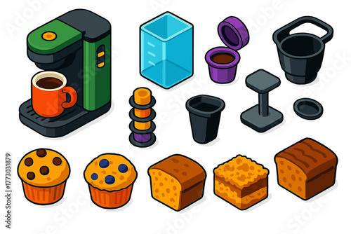 Coffee and Treats. Isometric vector illustration set Coffee Equipment and Breakfast Treats: single-serve coffee maker, pod holder,