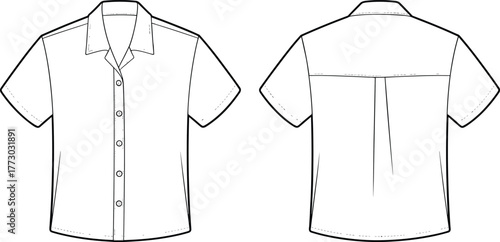 Short sleeve button up shirt technical flat front and back sketch, fashion apparel template outline, casual collar clothing design mockup