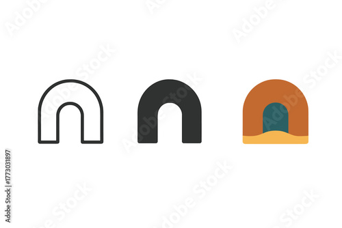 Ant Tunnel Evolution. Minimalist tunnel icon: three identical ant tunnels in a row, first in line style with thin outline, second