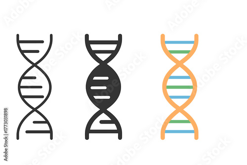 Minimalist DNA Icons. Minimalist DNA icon: three identical double helix DNA strands in a row, first in line style with thin