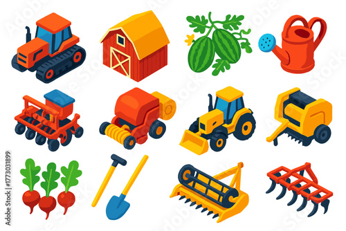 Agriculture Tool Icons. Isometric vector illustration set agriculture: tracked tractor, old barn, melon plants, watering can, seed