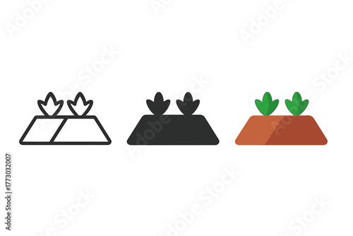 Minimalist Garden Icons. Minimalist plot layout icon: three identical garden plot icons in a row, first in line style with thin