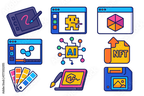NFT Art Tools. Isometric vector illustration set NFT Art Creation Tools: digital drawing tablet, pixel art software screen, 3D