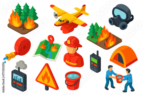 Wildfire Emergency Icons. Isometric vector illustration set Wildfire Emergency: burning forest, fire retardant drop plane,