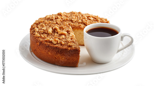 Coffee cup and crumb cake slice isolated on a transparent background