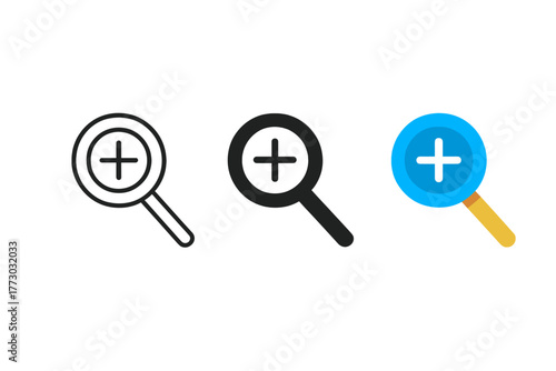 Zoom Icon Variations. Minimalist zoom in icon: three identical magnifiers with a plus sign inside in a row, first in line style