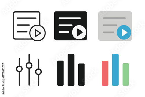 Minimalistic Playlist Icons. Linear minimalistic playlist icon: list outline with small play button, uniform line thickness, no