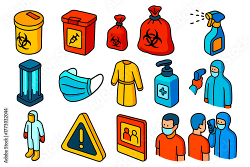 Safety Equipment Icons. Isometric vector illustration set Safety and Warning: biohazard container, sharps disposal box,