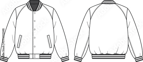 Varsity bomber jacket technical flat front and back sketch, fashion apparel template outline, rib collar cuffs waistband clothing design mockup