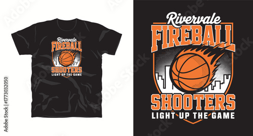 Rivervale Fireball Basketball Tee Design with Cityscape Silhouette Vector Image for Sports Apparel and Fan Merchandise