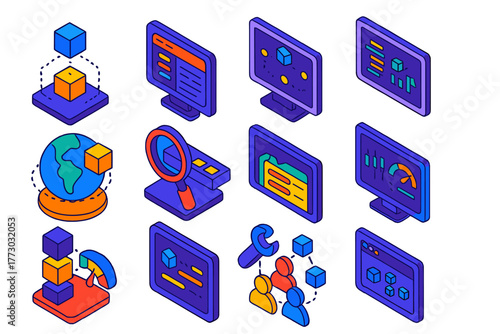 Blockchain Development Icons. Isometric vector illustration set Blockchain Development Tools: blockchain API icon, developer