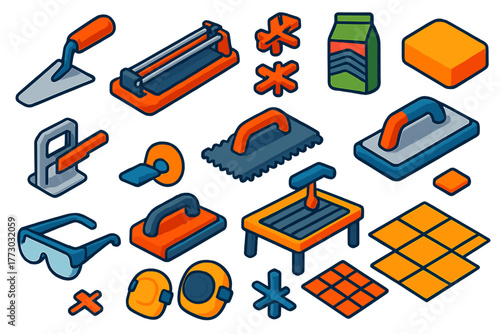 Tile Tools Illustration. Isometric vector illustration set Construction: tiling trowel, tile cutter, tile spacers, tile adhesive,