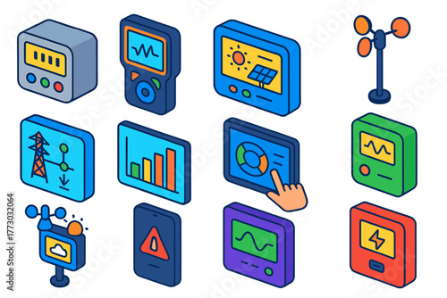 Energy Devices Icons. Isometric vector illustration set Energy Monitoring Devices: smart meter, handheld energy analyzer, solar