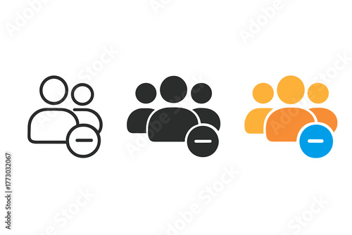 Minimalist User Icon. Minimalist user remove icon: three identical person silhouettes with a small minus sign in the corner in a