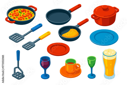 Kitchen Elements Icons. Isometric vector illustration set Kitchen and Dining Elements: paella pan, crepe pan, omelette pan,