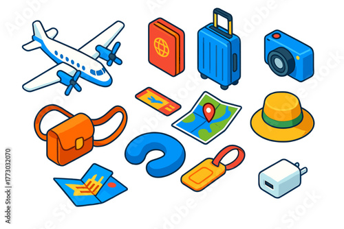 Air Travel Icons. Isometric vector illustration set Air Travel Essentials: turboprop airplane, national passport, hard case