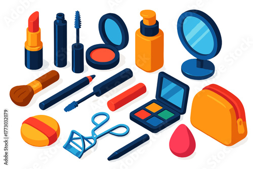 Makeup Essentials Icons. Isometric vector illustration set Makeup Essentials and Accessories: lipstick, mascara, eyeliner pencil,