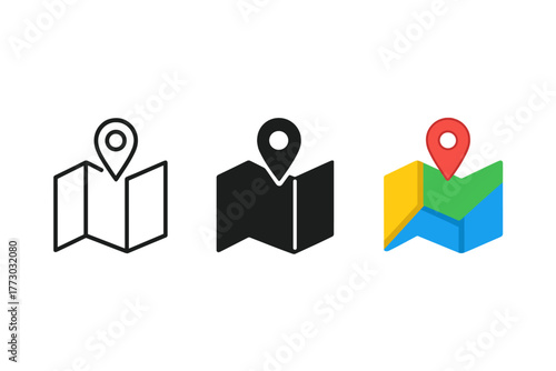 Minimalist Map Icons. Minimalist tracking map icon: three identical map with location pins icons in a row, first in line style