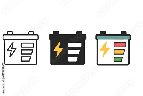 Stylish Battery Icons. Minimalist EV battery icon: three identical car battery with charge level icons in a row, first in line