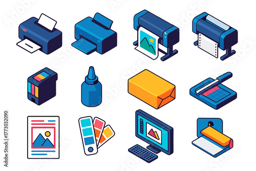 Colorful Printing Technology Icons. Isometric vector illustration set 2D printing, design, and technology: desktop inkjet printer,