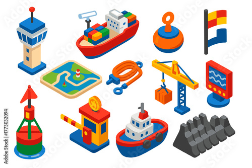 Harbor Navigation Icons. Isometric vector illustration set Harbor and Port Navigation: port control tower, cargo ship radar,