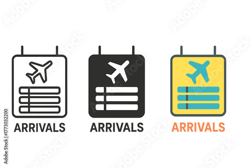 Minimalist Arrival Board Icons. Minimalist arrival board icon: three identical digital arrival board icons in a row, first in line