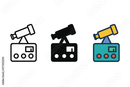 Telescope Control Icons. Minimalist control panel icon: three identical telescope control panels in a row, first in line style