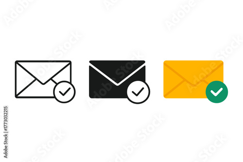 Minimalist Mail Icons. Minimalist mail with checkmark icon: three identical envelopes with a checkmark symbol in the corner in a